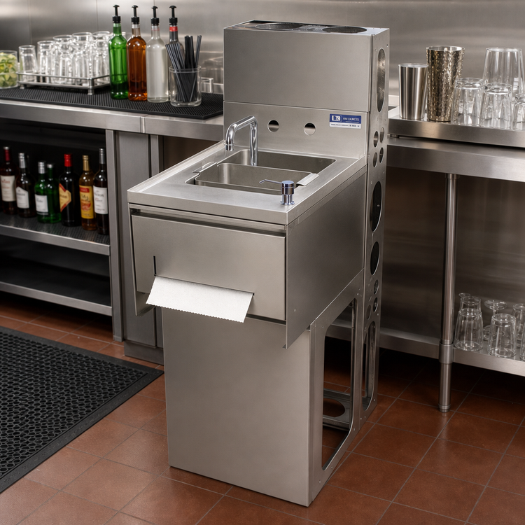 Product image #2 for BK Resources One-Compartment Underbar Dump Sink with 4-Inch Backsplash, Faucet, Soap Dispenser, Basket Drain and Towel Dispenser