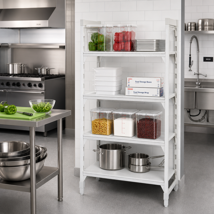 Product image #3 for Cambro Camshelving Premium 4-Tier Solid Stationary Starter Shelving Unit, 24"W x 18"D x 84"H, Speckled Gray