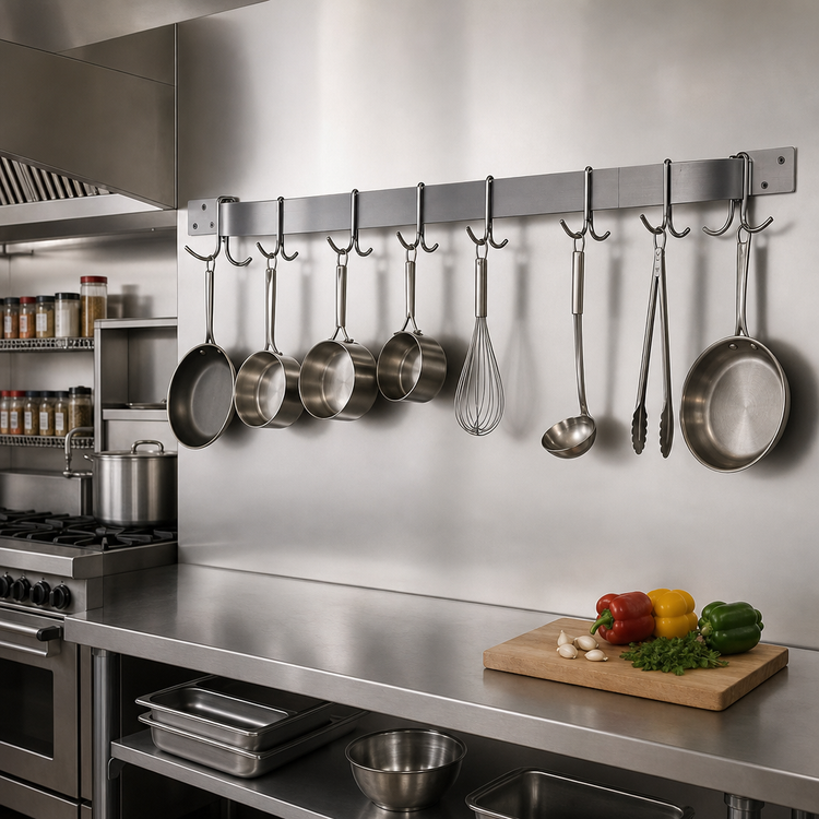 Product image #2 for Advance Tabco 120-Inch Wall-Mounted Single-Bar Commercial Pot Rack with 9 Double Hooks