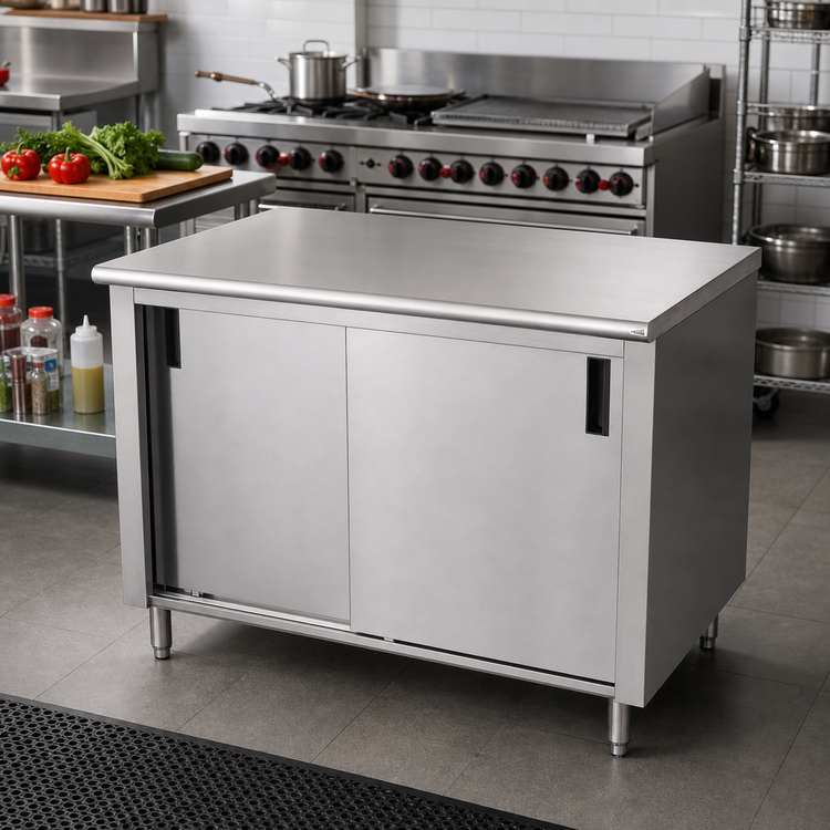 Product image #2 for Advance Tabco Special Value Series Enclosed Work Table with Cabinet Base and Sliding Doors, 48 x 30 Inches, 16-Gauge 304 Stainless Steel Top