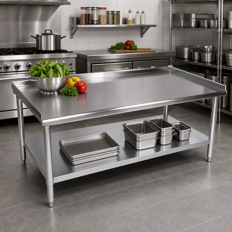 Product image #2 for BK Resources Stainless Steel Equipment Stand with 3-Sided 2-Inch Riser and Adjustable Undershelf, 61 x 30 x 26 Inches