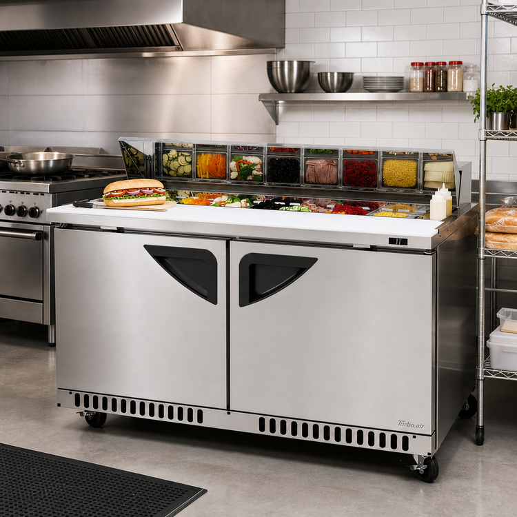 Product image #2 for Turbo Air Super Deluxe 60-Inch Front-Breathing Stainless Steel 2-Door Sandwich/Salad Prep Table, 16-Pan, 14.8 Cu. Ft.