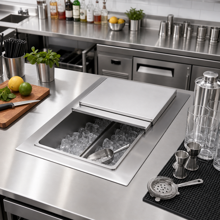 Product image #3 for John Boos Drop-In Stainless Steel Insulated Ice Bin with Sliding Lid and Drain, Without Cold Plate
