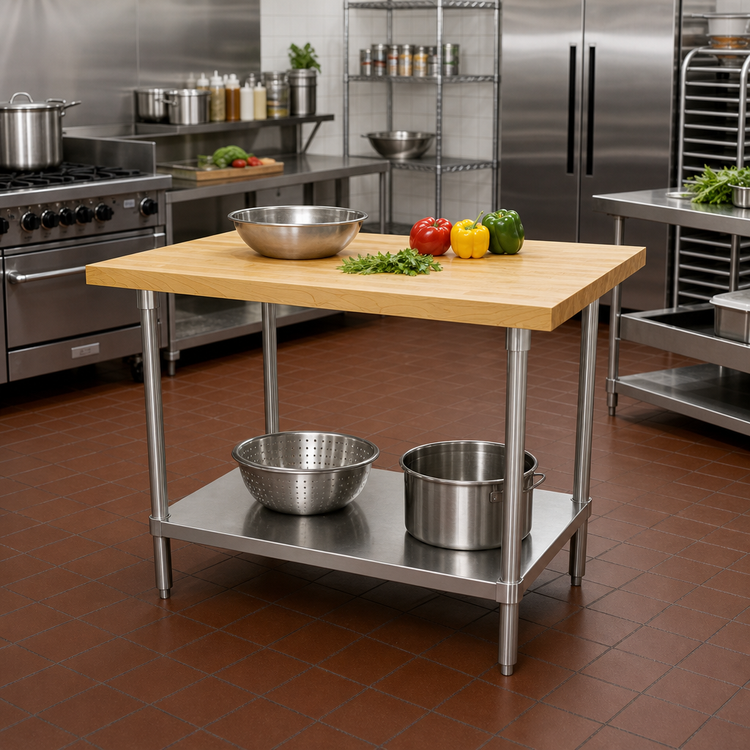 Product image #2 for 36 Inch x 36 Inch Laminated Hard Maple Top Work Table with Stainless Steel Base and Adjustable Undershelf