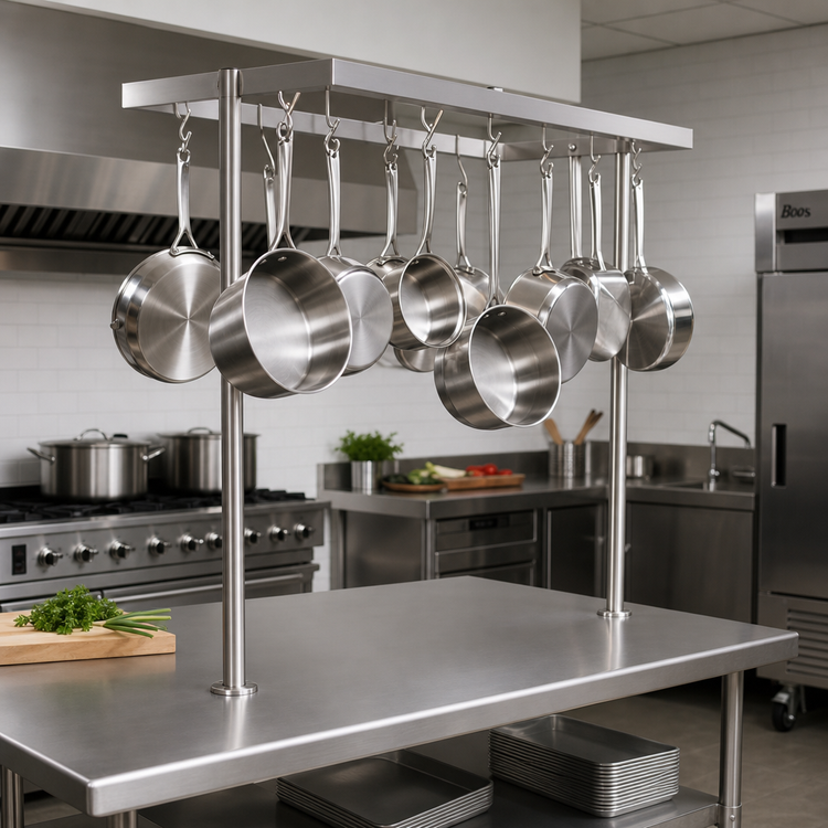 Product image #2 for John Boos Square Table-Mount Stainless Steel Pot Rack with 21 Double Hooks
