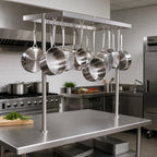 Thumbnail image #2 for John Boos PRTC3A Square Table-Mounted Stainless Steel Pot Rack, 79-1/4"W x 18"D x 48"H, 21 Double Hooks