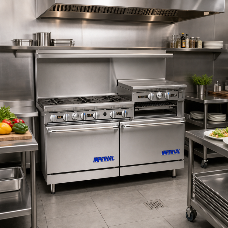 Product image #2 for Imperial Pro Series 60-Inch Gas Restaurant Range with 6 Open Burners, 24-Inch Griddle/Broiler, and 2 Standard Ovens