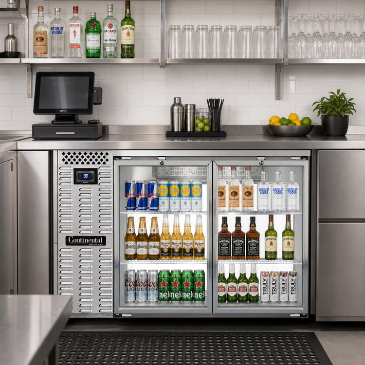 Product image #2 for Continental Refrigerator BB50SNSSGDPT 50" Shallow Depth Pass-Thru Refrigerated Back Bar Cooler with Glass Doors