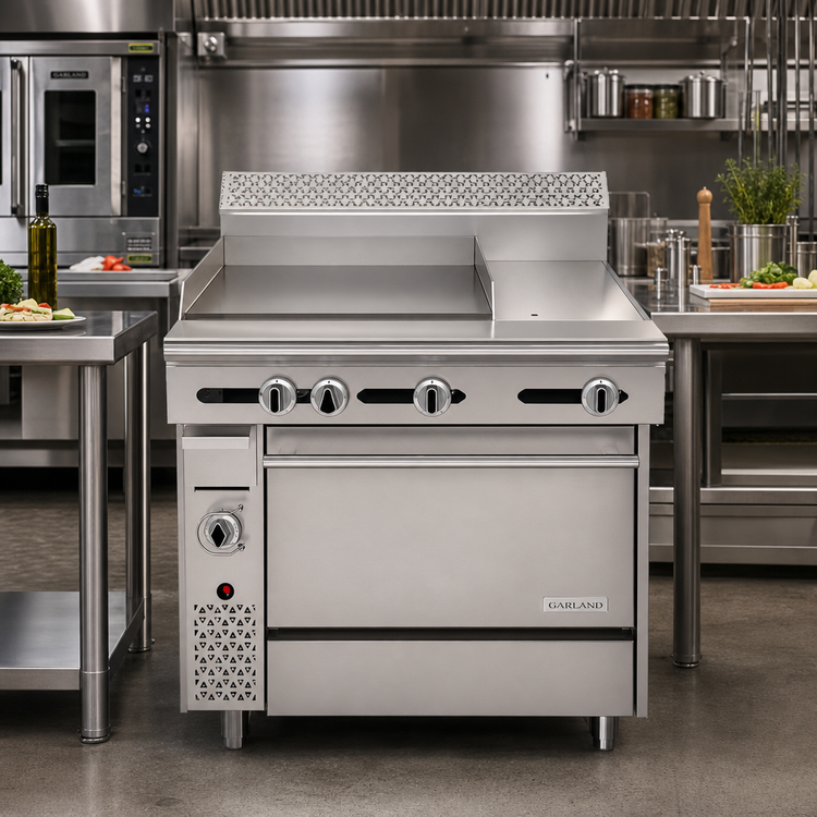 Product image #2 for Garland Cuisine 36-Inch Heavy Duty Natural Gas Combination Top Range with 24-Inch Thermostatic Griddle, 12-Inch Hot Top, and Standard Oven