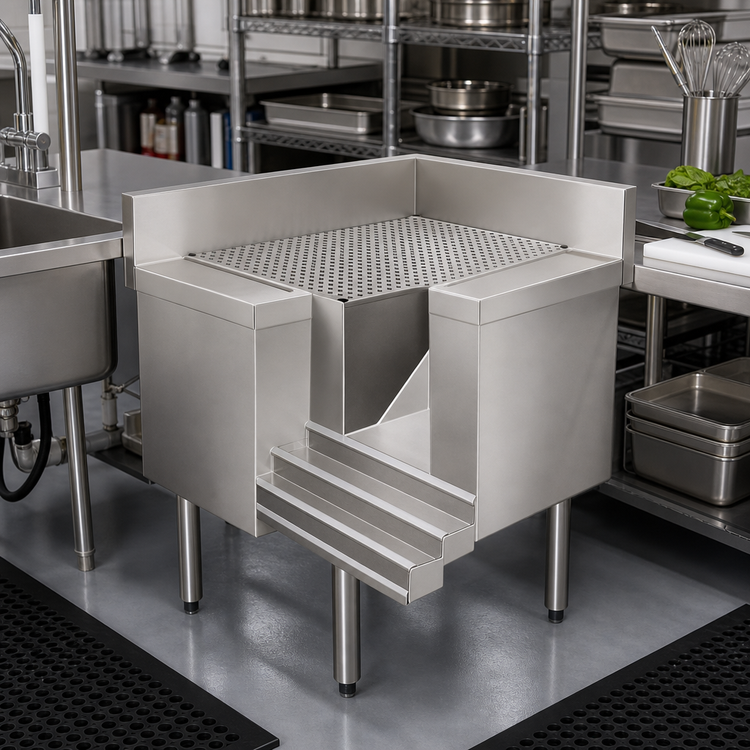 Product image #2 for Advance Tabco Prestige 90° Free-Standing Stainless Steel Corner Drainboard Filler, 20 x 25 Inches