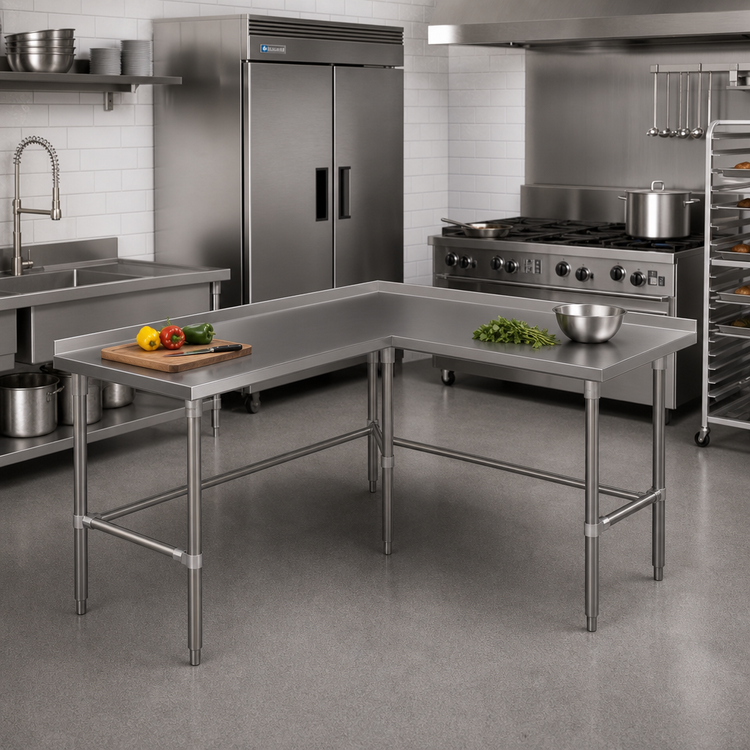 Product image #2 for John Boos L-Shaped Stainless Steel Corner Work Table, 60 x 30 x 37-1/4 Inches, 14 Gauge Top, 1-1/2-Inch Rear Up-Turn