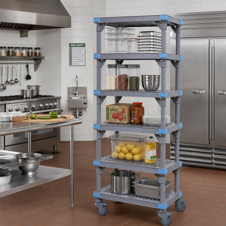 Product image #2 for Millenia NSF Listed Mobile Polymer Shelving Starter Unit, 24 x 24 x 86 Inches, 5 Open Grid Shelves, Gray