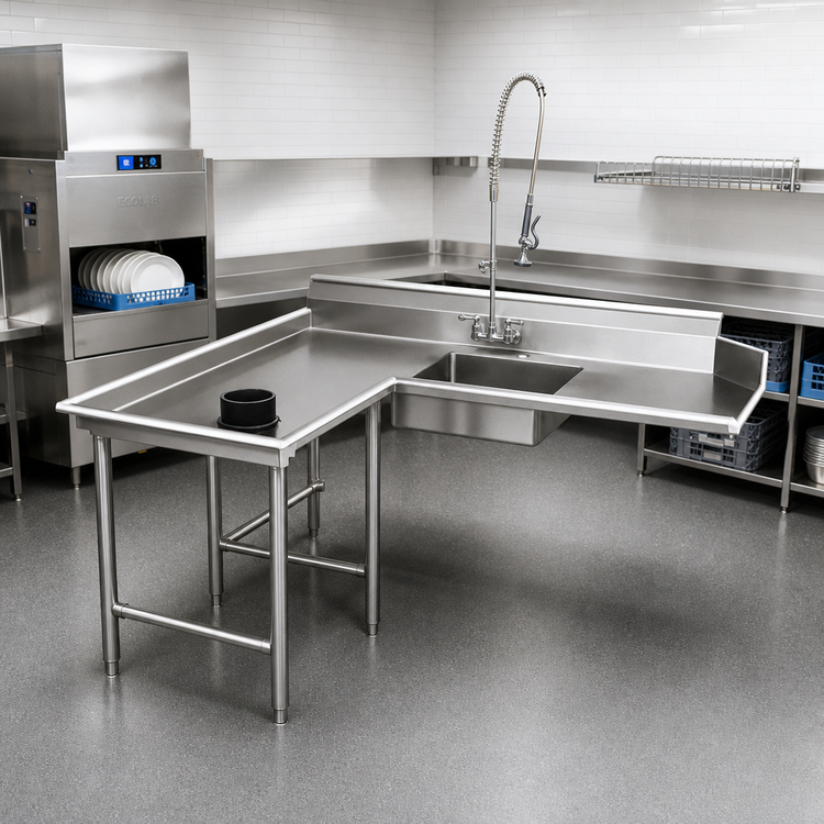 Product image #2 for Eagle Group Left-Hand Island Soiled Dishtable with 20 x 20 x 5-Inch Pre-Rinse Sink, 72-Inch Machine-to-Corner x 60-Inch Corner-to-End