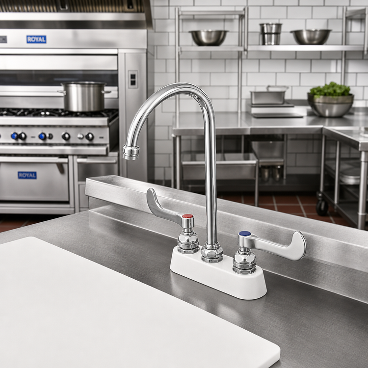 Product image #2 for T&S Brass B-1140-WH4 Deck Mount Workboard Mixing Faucet, 3-1/2" Centers, 5-3/4" Swivel Gooseneck, 2.2 GPM, 4" Wrist Handles
