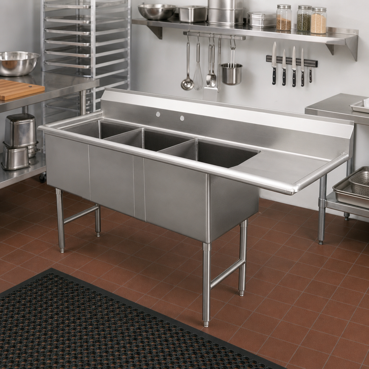 Product image #2 for 3-Compartment Fabricated Stainless Steel Sink with Right-Hand Drainboard, 18" x 18" x 14" Bowls