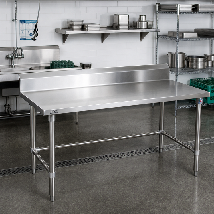 Product image #2 for John Boos Stallion 84-Inch x 30-Inch 16-Gauge 300 Series Stainless Steel Work Table with 5-Inch Backsplash