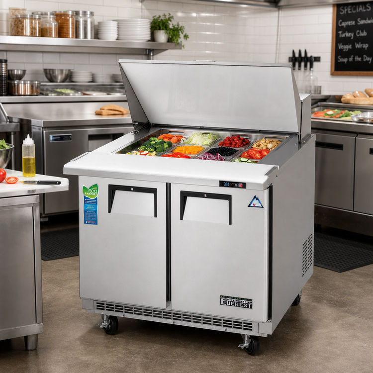 Product image #2 for Everest Refrigeration EPBSR2 Back-Mount Mega-Top 2-Section Sandwich Prep Table, 35-5/8-Inch, 10 Cu. Ft.