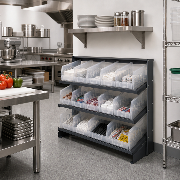 Product image #2 for Quantum Sloped Bench-Style Pick Rack, 36 Inches Wide, 3 Shelves, 15 Clear Bins Included