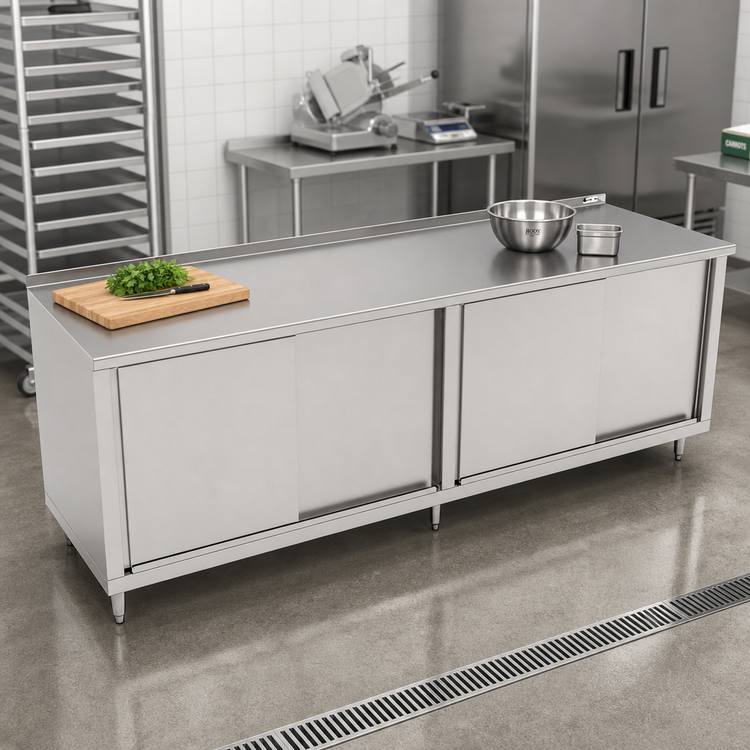 Product image #2 for John Boos Enclosed Work Table with Sliding Doors, 108 x 36 Inch, 16/300 Stainless Steel Top, 1-1/2 Inch Rear Up-Turn