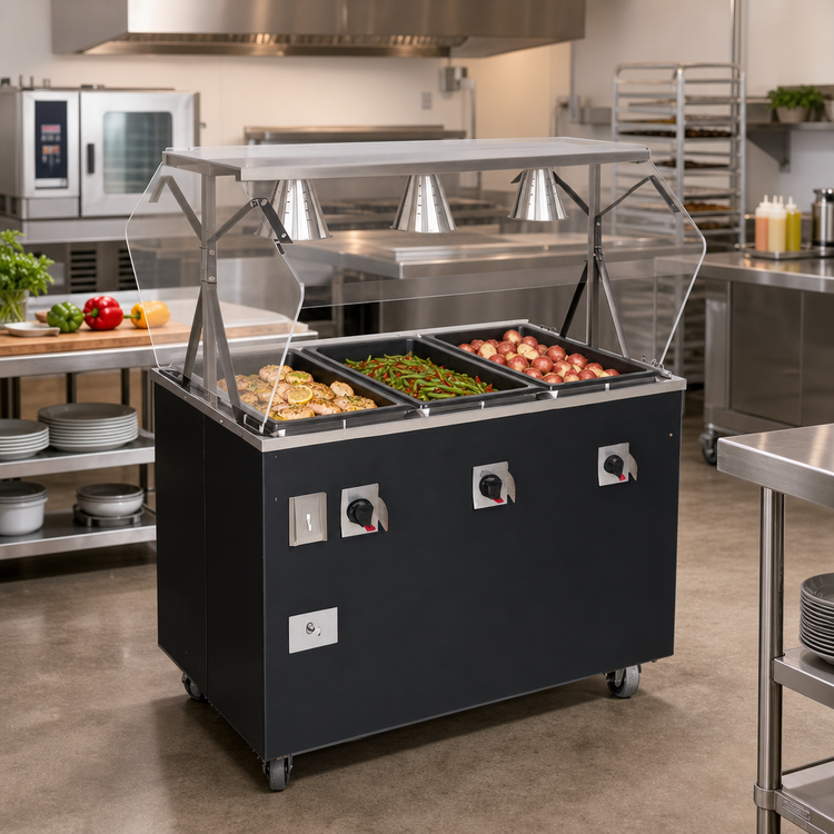 Product image #2 for Vollrath 2-Series Affordable Portable 3-Well 46-Inch Mobile Hot Food Station, 120V, Open Storage Base, Buffet Breath Guard