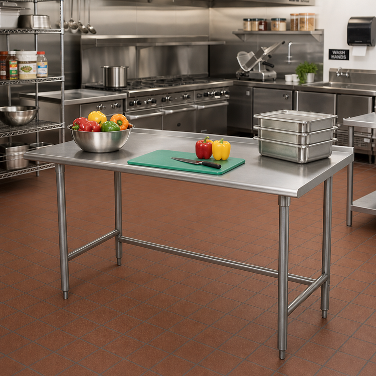 Product image #2 for Advance Tabco 60" x 36" 16 Gauge 430 Stainless Steel Work Table with 1-1/2" Rear Up-Turn and Galvanized Open Base