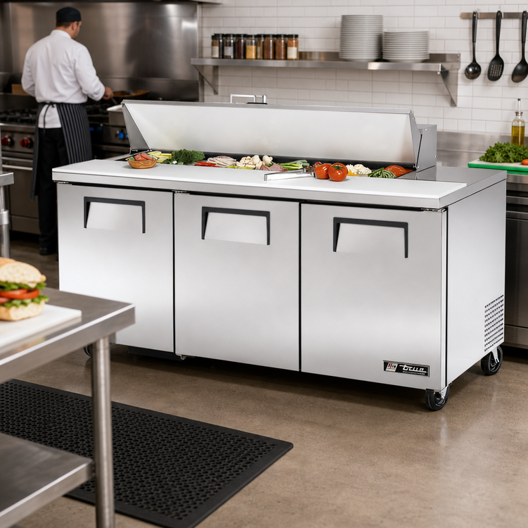 Product image #2 for True TSSU-72-16-HC 72-Inch 3-Door Solid Door Sandwich/Salad Prep Table with 16 1/6-Pan Capacity and Rear-Mounted Self-Contained Hydrocarbon Refrigeration