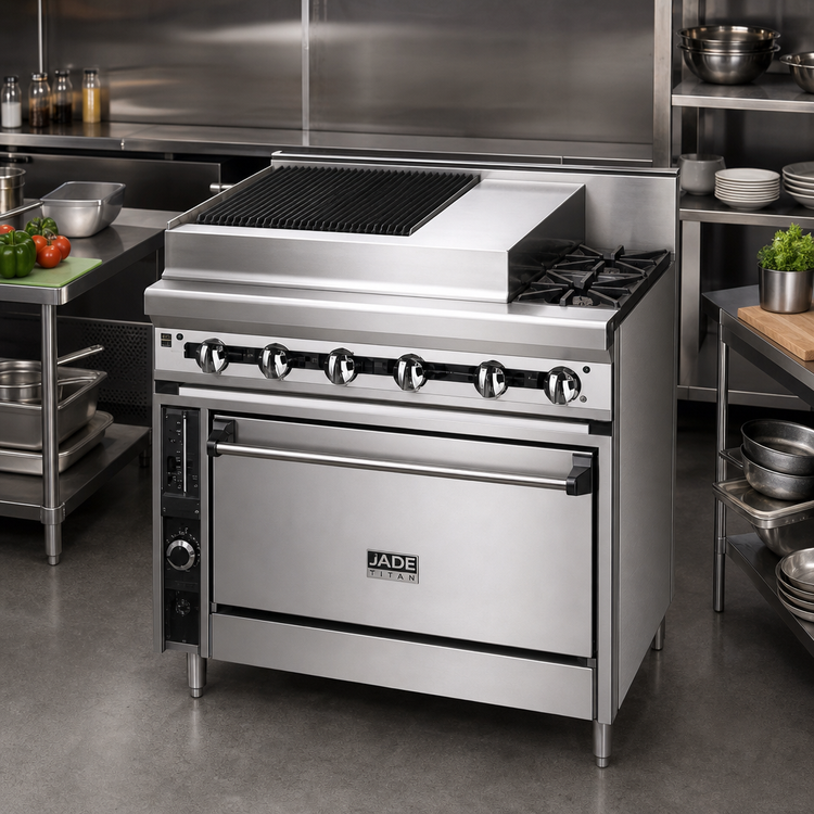 Product image #2 for Jade Titan Heavy Duty 36" Gas Range with 18" Charbroiler, 18" Work Top, and Convection Oven