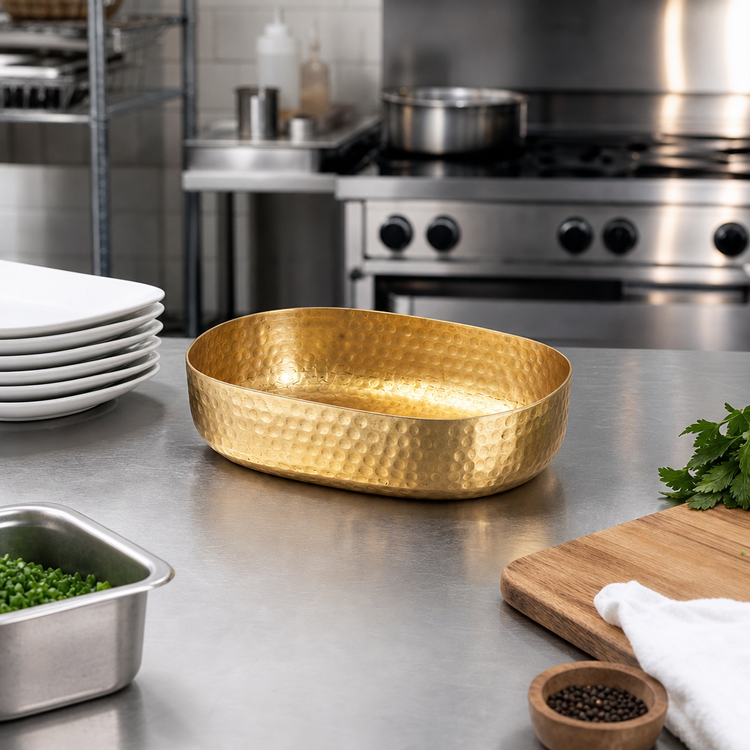 Product image #2 for Hammered Aluminum Oval Gold Entrée Basket, 48 oz.