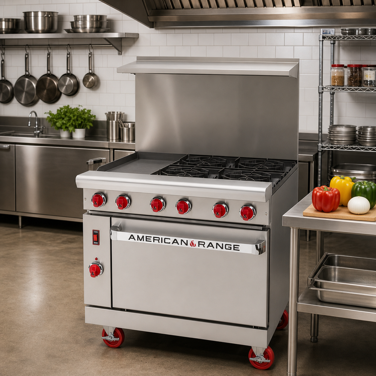 Product image #2 for American Range 36-Inch Green Flame Gas Range with 12-Inch Left Griddle, 4 Open Burners, and Standard Oven