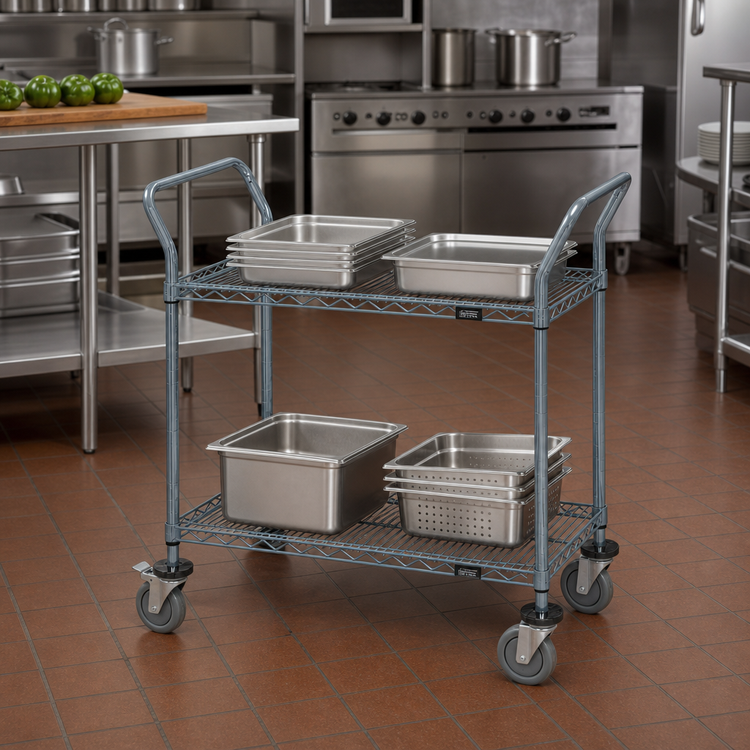 Product image #2 for Quantum 60-Inch x 18-Inch Gray Epoxy Antimicrobial Two-Shelf Wire Utility Bus Cart