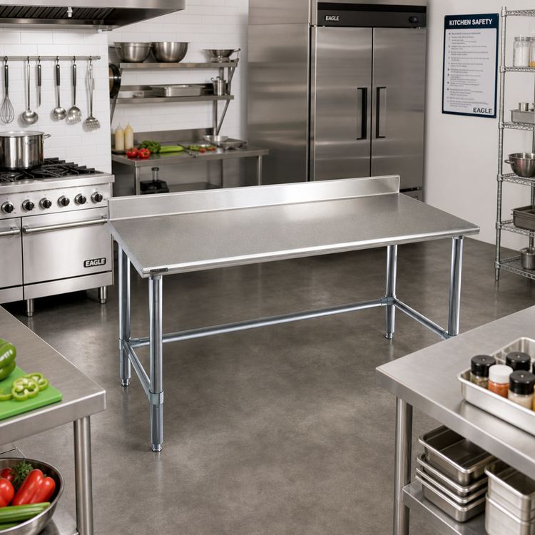 Product image #2 for Eagle Deluxe Series 48 in. x 24 in. 16-Gauge 300 Series Stainless Steel Work Table with 4-1/2 in. Backsplash and Galvanized Tubular Base