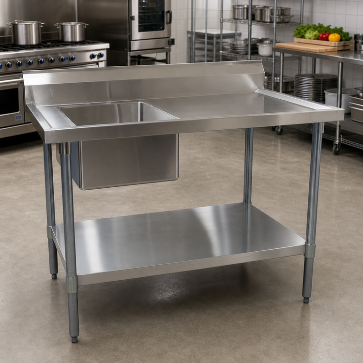 Product image #2 for BK Resources 72-Inch x 30-Inch Stainless Steel Work Table with Left-Side Prep Sink and 6-Inch Riser