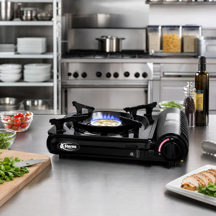 Product image #3 for Sterno Butane Countertop Stove with Piezo Electronic Ignition, Safety Lock, and Auto Shut-Off, 9,000 BTU