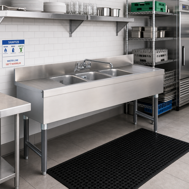 Product image #2 for Advance Tabco Special Value Series 72-Inch 3-Compartment Stainless Steel Bar Sink with Dual Drainboards and Splash-Mount Faucet