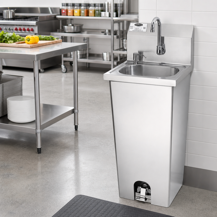 Product image #2 for Krowne Pedestal-Mounted Stainless Steel Hand Sink with Foot Pedal Valve and Soap Dispenser