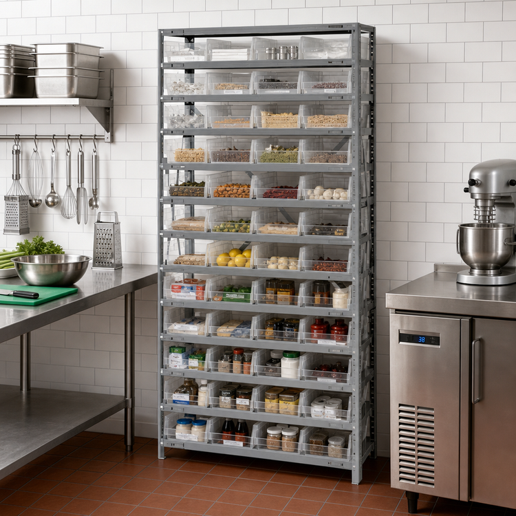 Product image #2 for Quantum Heavy-Duty Stationary Wire Shelving Unit with 13 Shelves and 48 Clear Bins, 36 x 12 x 75 Inches