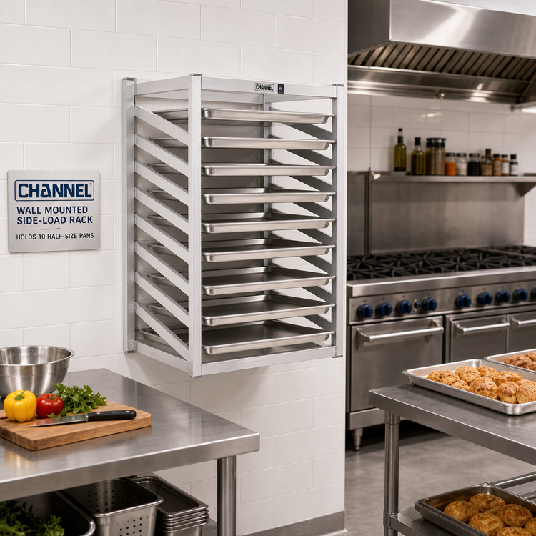 Product image #2 for Channel Wall-Mounted Side-Load Aluminum Sheet Pan Rack for 10 Half-Size Pans