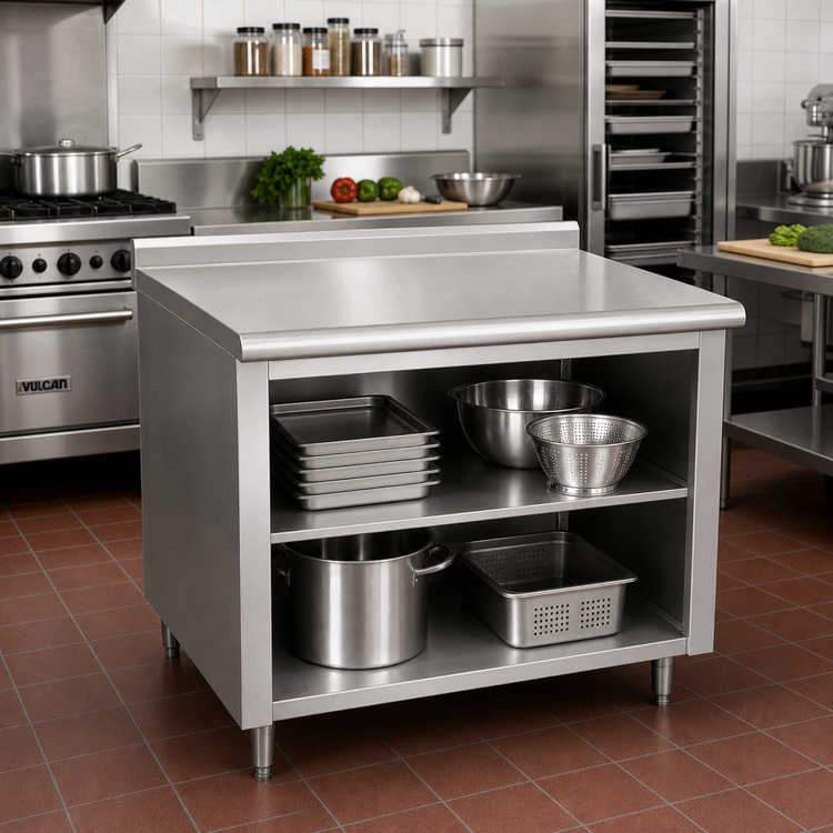 Product image #2 for Advance Tabco 36" x 36" 14-Gauge 304 Stainless Steel Work Table with Open Front Cabinet Base, Mid-Shelf, and 1-1/2" Rear Up-Turn