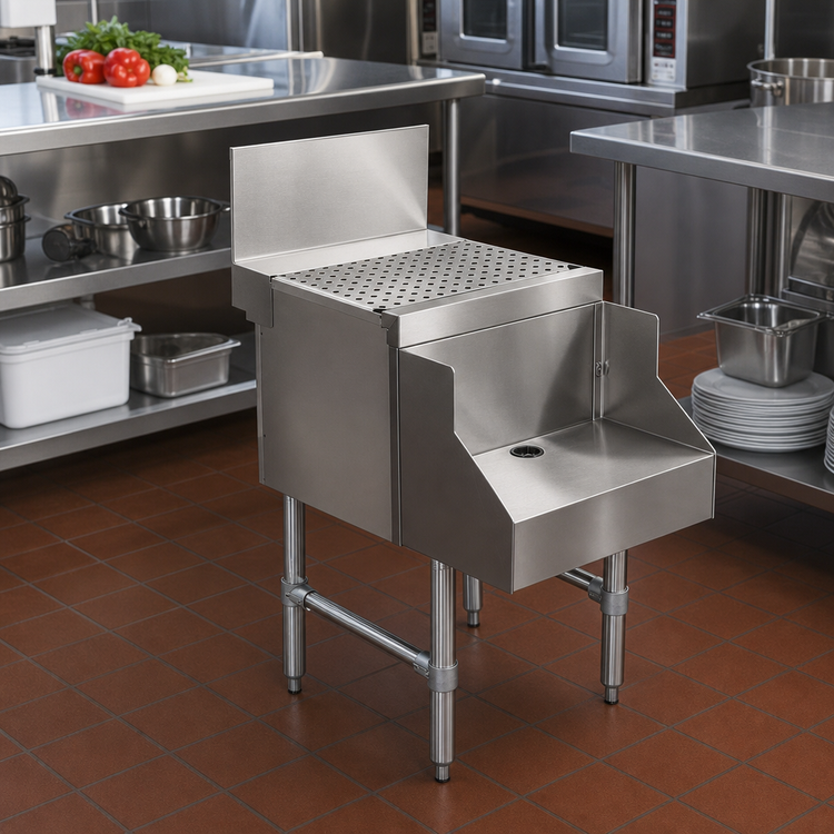 Product image #2 for Advance Tabco Prestige 12-Inch Wide Stainless Steel Blender Station with Drainboard Top and Recessed Shelf