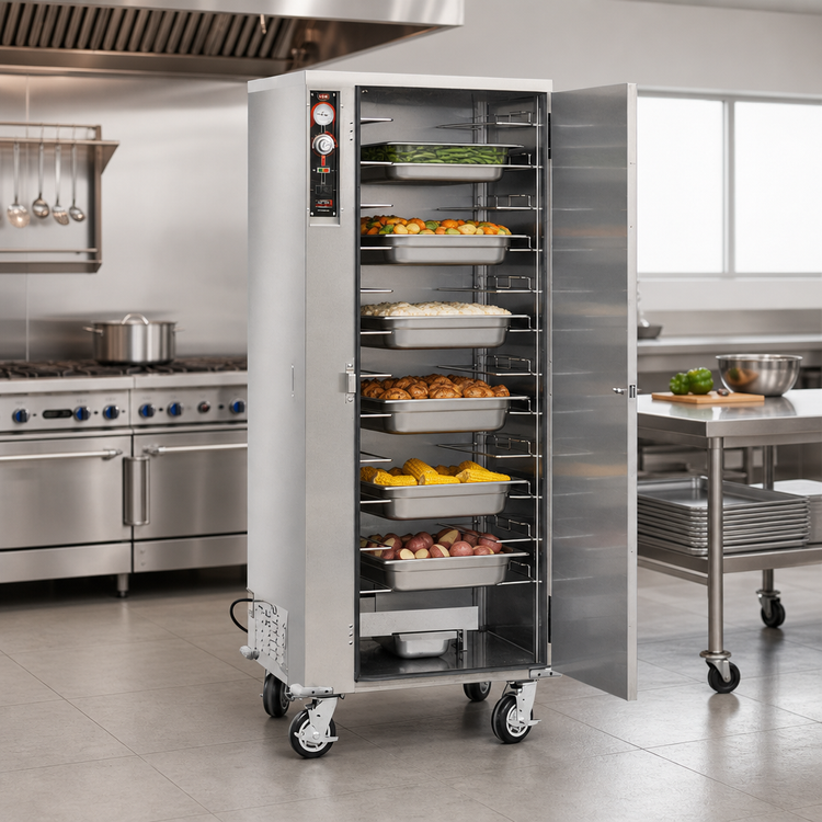 Product image #2 for FWE Half-Height Humidified Heated Holding Cabinet, Stainless Steel, Universal Tray Slides, 6 Full-Size Pan Capacity