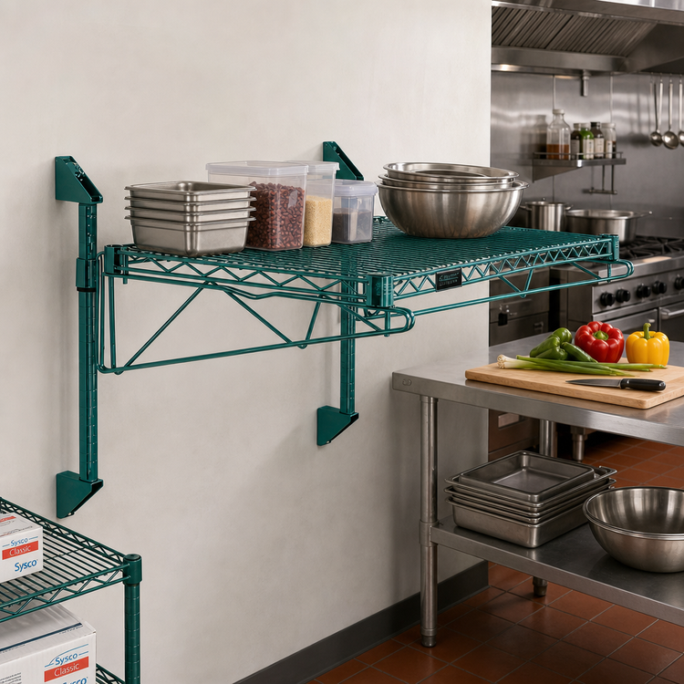 Product image #2 for Quantum Wall-Mount Cantilever Single Shelf Wire Shelving Unit, 30"W x 21"D, Green Epoxy Coated