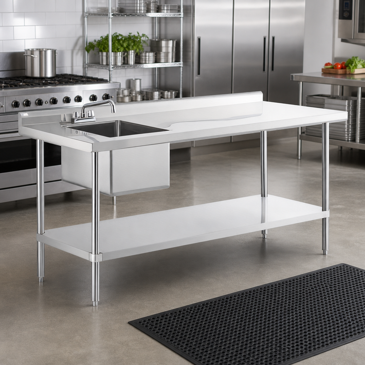 Product image #2 for 60-Inch Stainless Steel Sink Table with Left Sink Bowl, Backsplash, and Undershelf