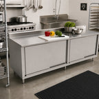 Thumbnail image #2 for John Boos 4CS6R5-30108 108 x 30-Inch Enclosed Stainless Steel Work Table with Sliding Doors, 16-Gauge 300-Series Top and 5-Inch Backsplash