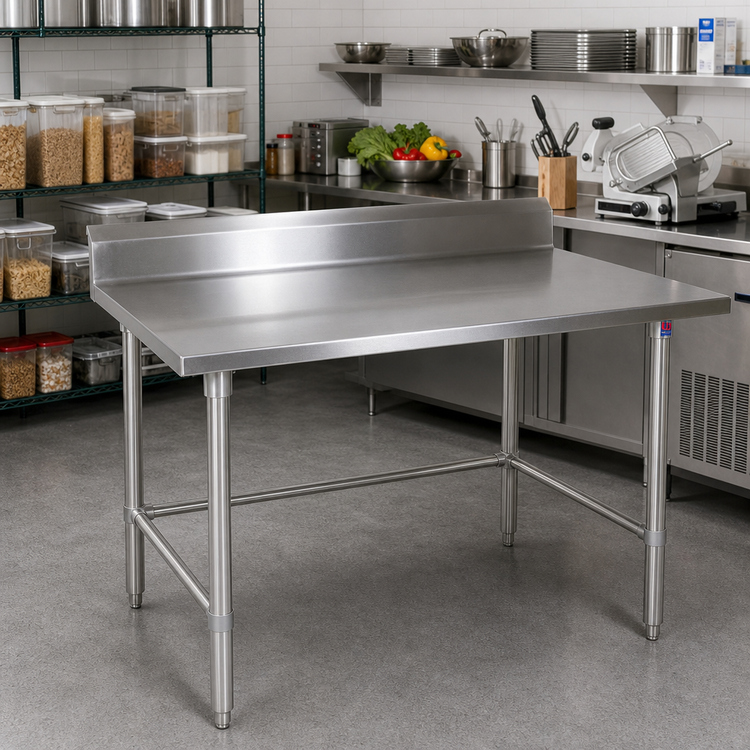 Product image #2 for John Boos Stallion 120-Inch Stainless Steel Work Table with 5-Inch Backsplash, 14-Gauge 300-Series Top