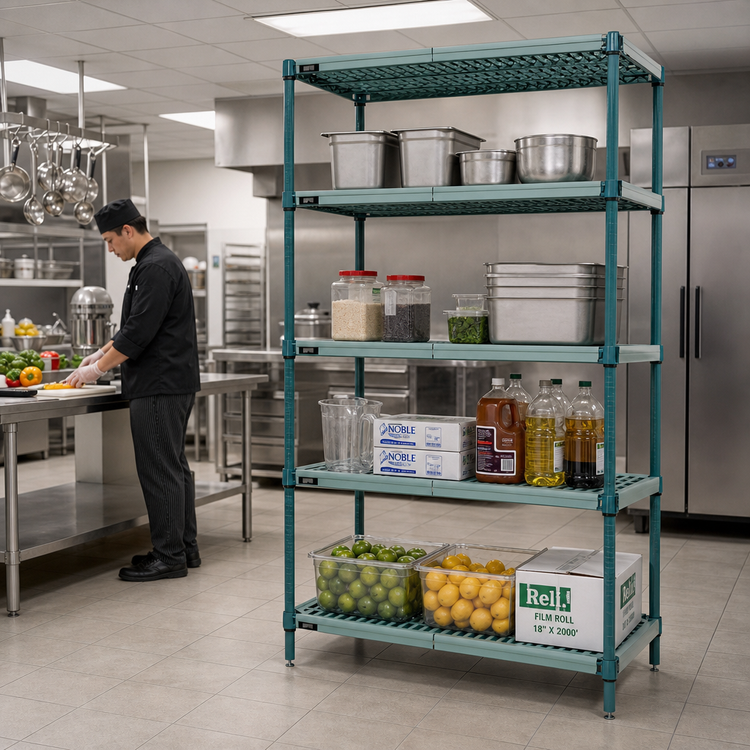 Product image #2 for Quantum 4-Tier Stationary Polymer Shelving Unit with Wire Plastic Mats, 54"W x 24"D x 86"H, Green Epoxy Antimicrobial Finish