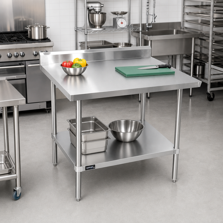 Product image #2 for Sapphire 48" x 30" 16-Gauge 304 Stainless Steel Work Table with 5" Backsplash and Adjustable Undershelf
