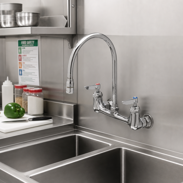 Product image #2 for T&S Brass Double Pantry Faucet, Wall Mount, 8" Centers, 8" Swivel Gooseneck, Lever Handles