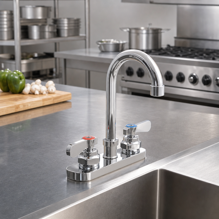 Product image #2 for John Boos Low-Lead Heavy Duty Splash-Mount Faucet with 3-1/2 Inch Gooseneck Spout and 4 Inch Centers