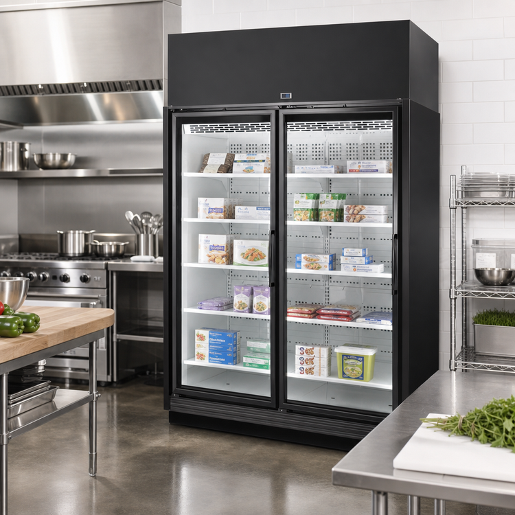 Product image #2 for True TRM2L Two-Section Low Temp Self-Contained Glass Door Freezer Merchandiser