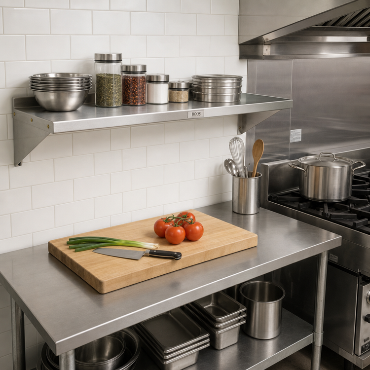 Product image #2 for John Boos Stallion Wall-Mounted Stainless Steel Shelf, 36 Inch W x 16 Inch D, Safety Edge Front